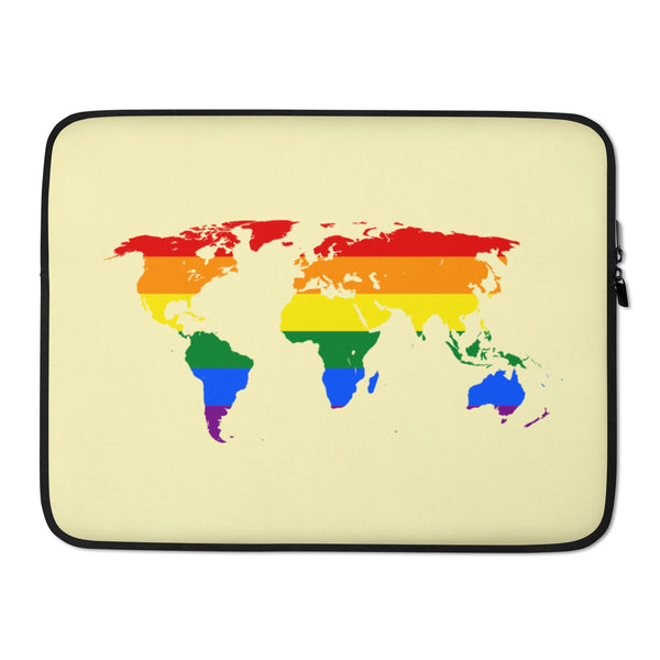 Front-facing cream laptop sleeve with black trim and a rainbow-striped world map design