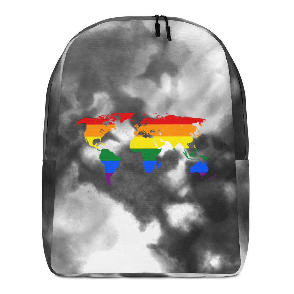 Front view of a black-and-white cloud-print backpack with a rainbow-colored world map