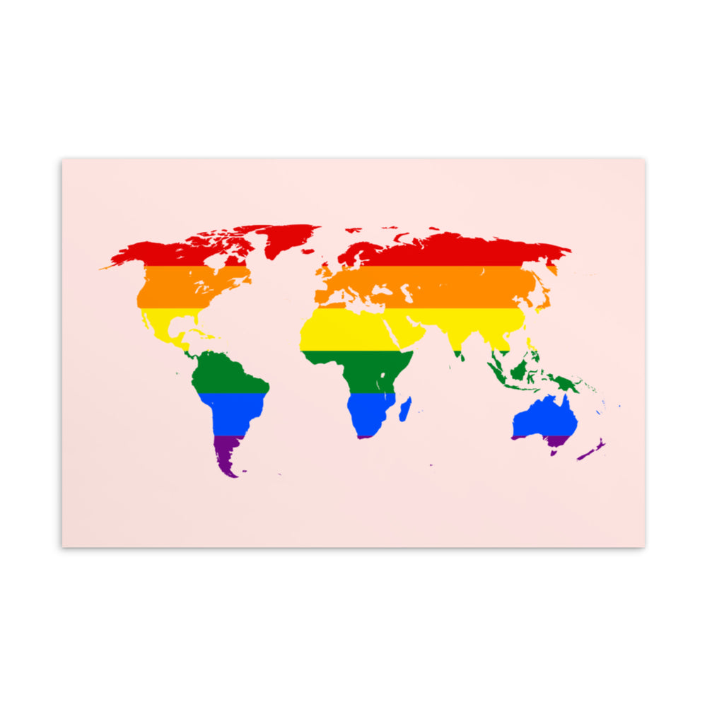 Gay Map Postcard with rainbow-striped continents for LGBTQ+ pride, on a pale background with fun geometric shapes and waving ribbons.