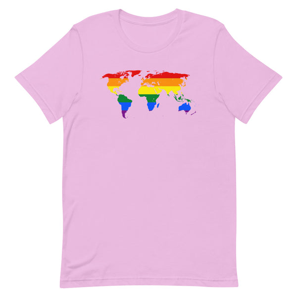 Front view of a lilac T-shirt with a rainbow-colored world map graphic