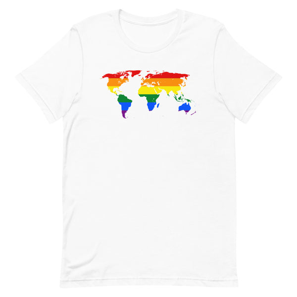 Front view of a white T-shirt with a rainbow-colored world map graphic