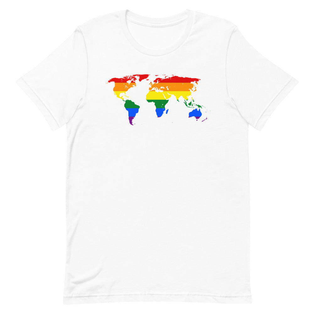 Front view of a white T-shirt with a rainbow-colored world map graphic