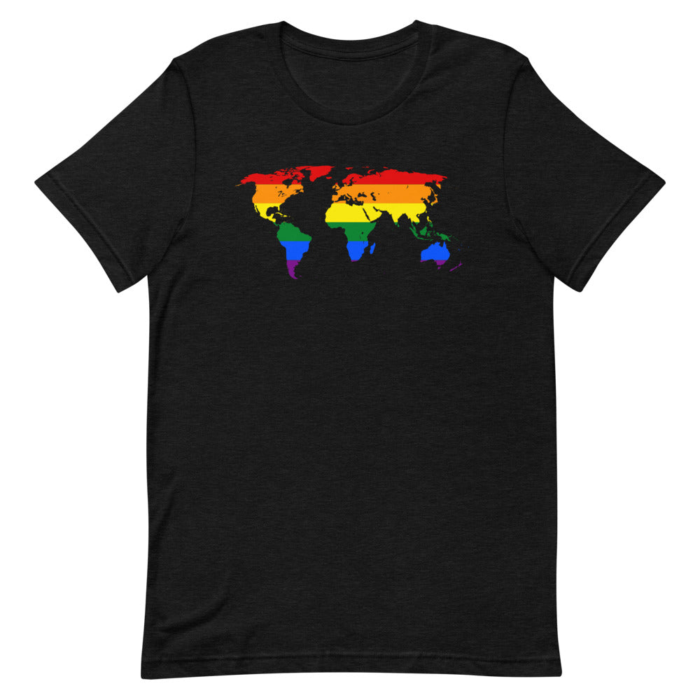 Front view of a black T-shirt with a rainbow-colored world map graphic
