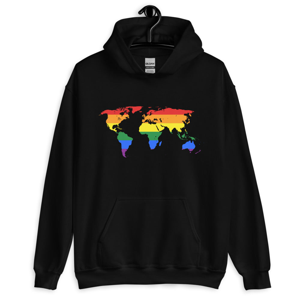Front view of a black hoodie on a hanger with a rainbow-striped world map graphic