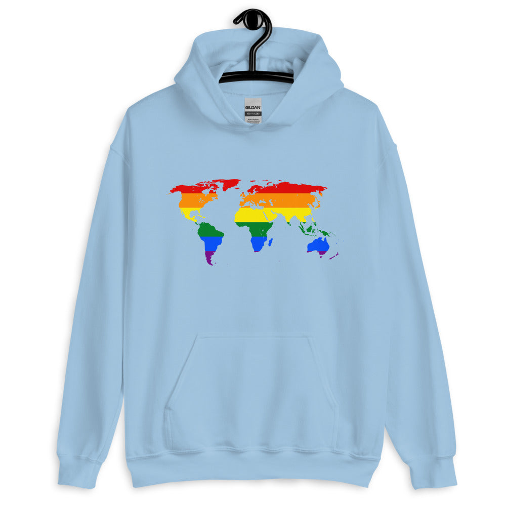 Front view of a light blue hoodie with a rainbow-colored world map graphic
