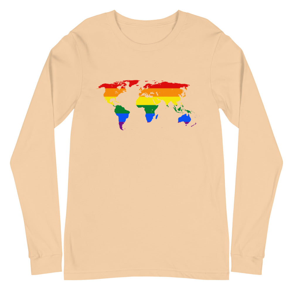 Sand-colored long-sleeve shirt with a rainbow-colored world map graphic