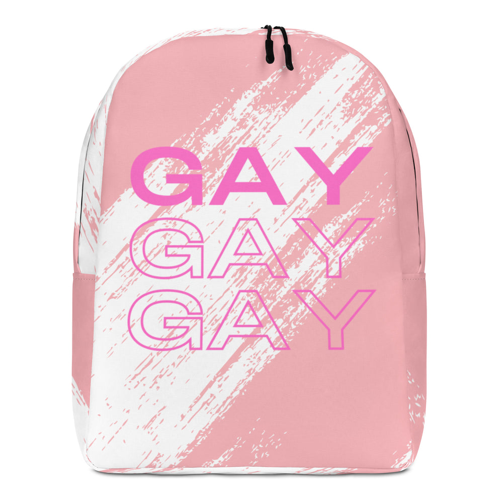 Front-facing pink backpack with white brush-stroke panels and three pink “GAY” lines