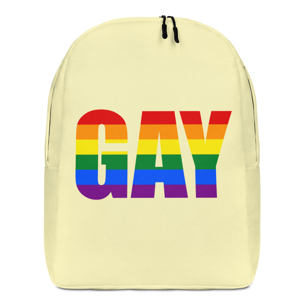 Front-facing pale yellow backpack with large rainbow-striped “GAY” lettering
