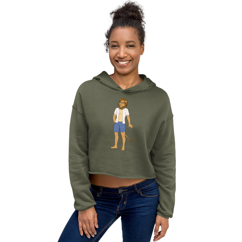 Model wearing an olive-green cropped hoodie with a cartoon nerd character on the front