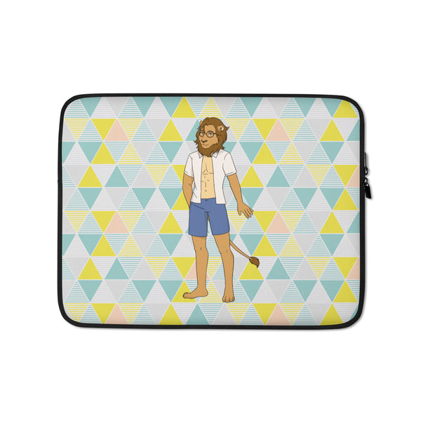 Laptop sleeve with a bearded, glasses-wearing cartoon elf in an open shirt on a geometric pattern