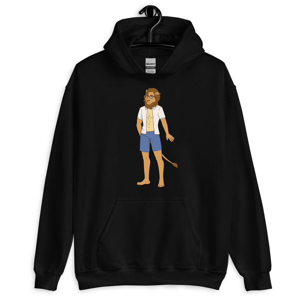 Front-view black hoodie with a centered cartoon, bearded elf-like character in glasses and shorts