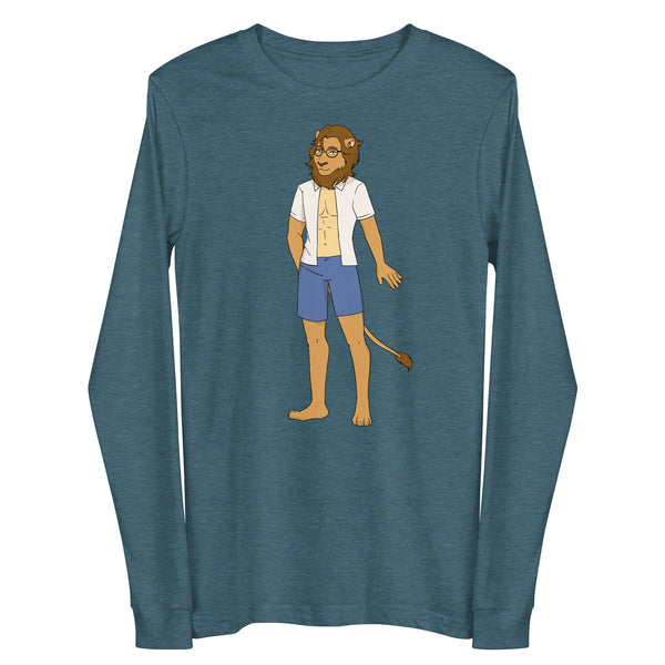 Front view of a deep teal long-sleeve shirt with a cartoon bearded, bespectacled lion-man graphic