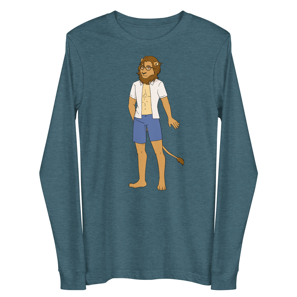 Front view of a deep teal long-sleeve shirt with a cartoon bearded, bespectacled lion-man graphic