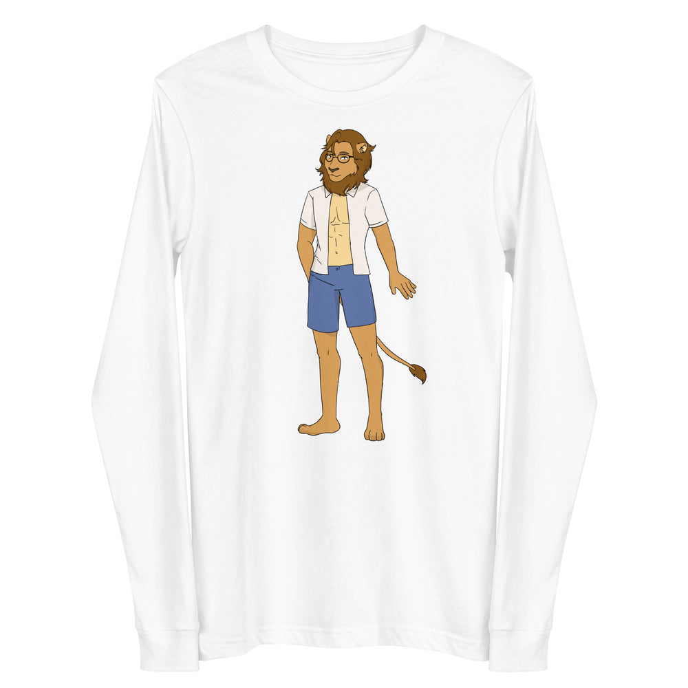 Front view of a white long-sleeve shirt with a cartoon lion-like character wearing glasses and blue shorts