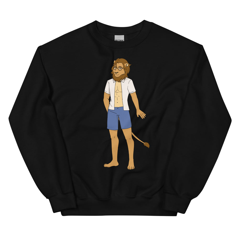 Gay Nerd Unisex Sweatshirt with a cartoon character, worn by a smiling man drawing bright art; rainbow flags and pride pins behind.