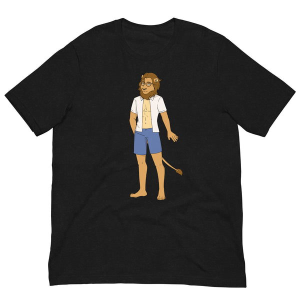 Front view of a black T-shirt featuring a cartoon, bearded lion-person in glasses and blue shorts
