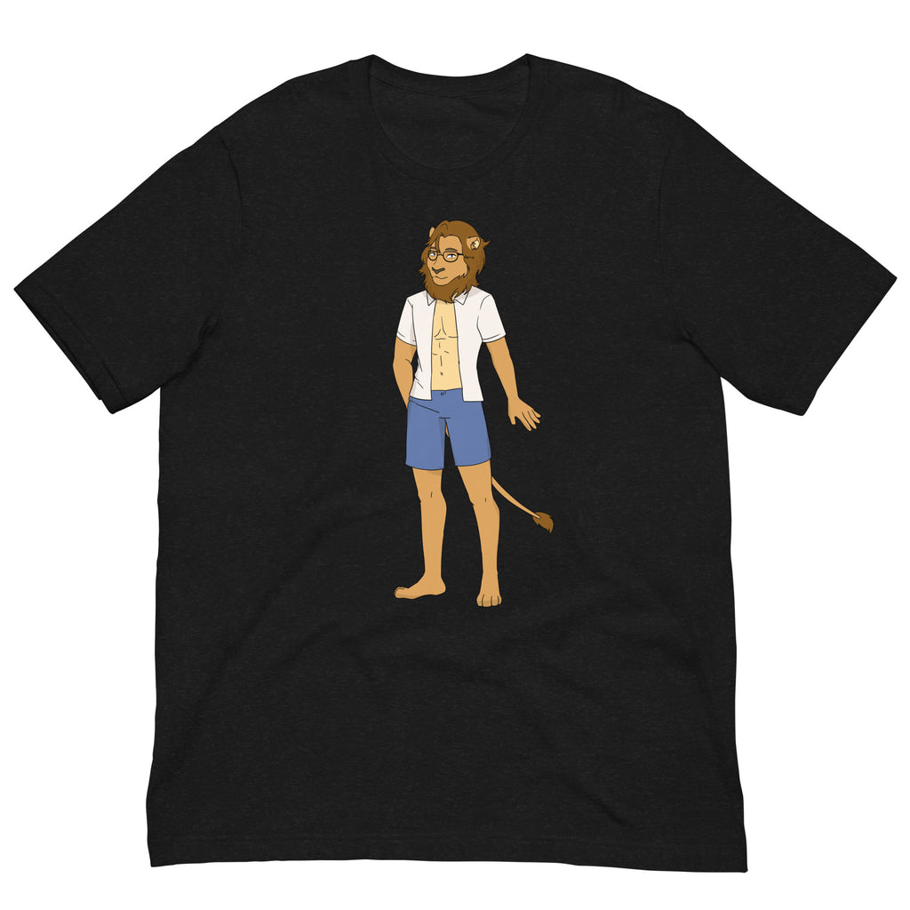 Front view of a black T-shirt featuring a cartoon, bearded lion-person in glasses and blue shorts