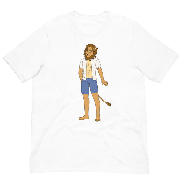 Front view of a white T-shirt with a cartoon bearded, bespectacled character in shorts and a tail
