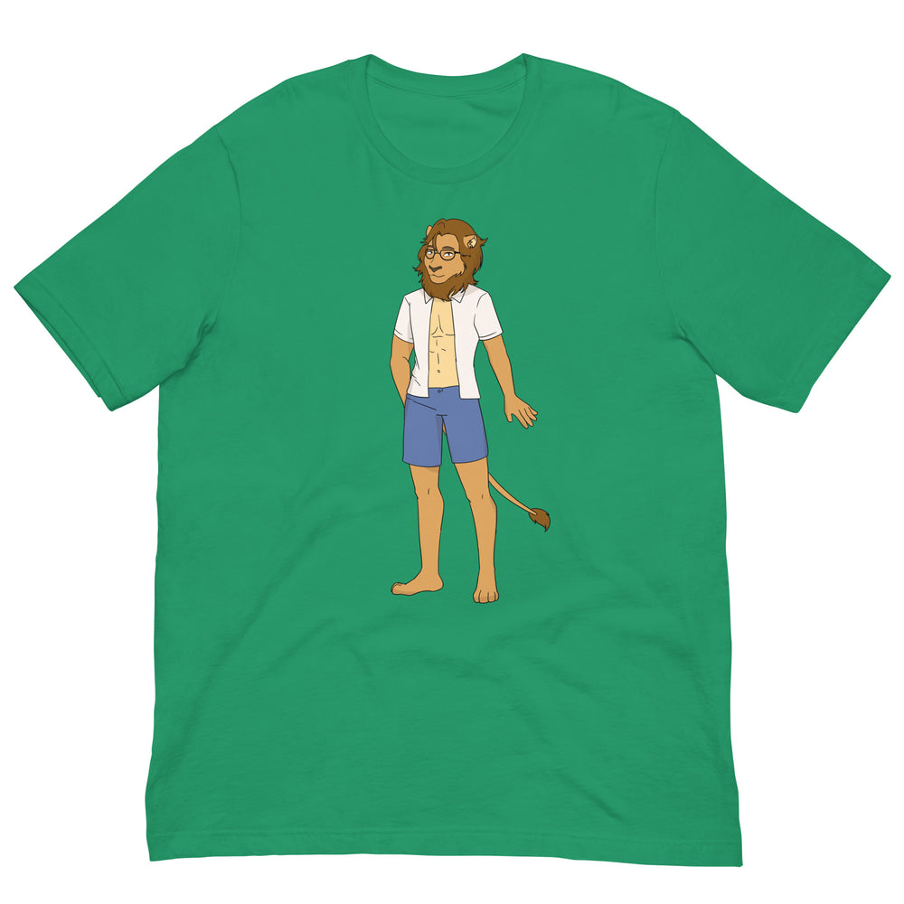 Front view of a green T-shirt with a cartoon lion-like character wearing glasses and blue shorts