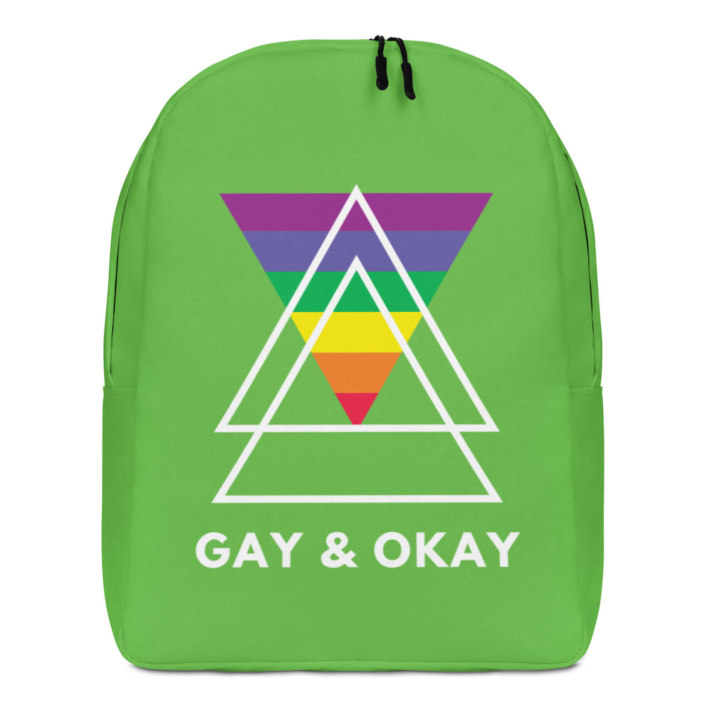 Front-facing bright green backpack with a rainbow triangle design and “GAY & OKAY” text