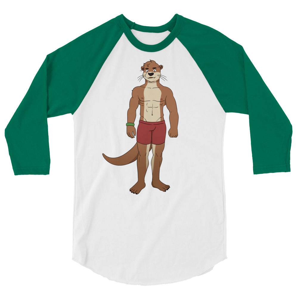 Front view of a white and green raglan shirt with a muscular otter in red shorts