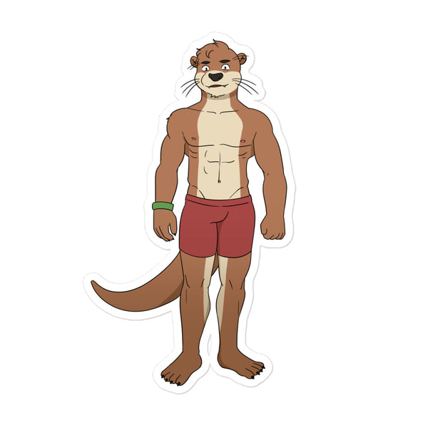 Front-facing cartoon otter sticker wearing red shorts and a green wristband