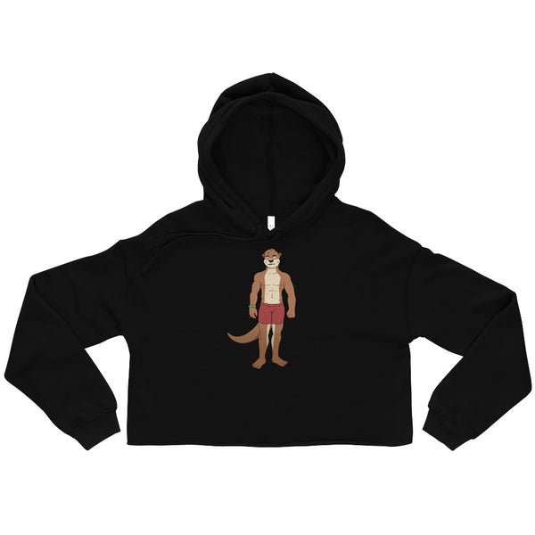 Front view of a black cropped hoodie with a cartoon otter in red shorts