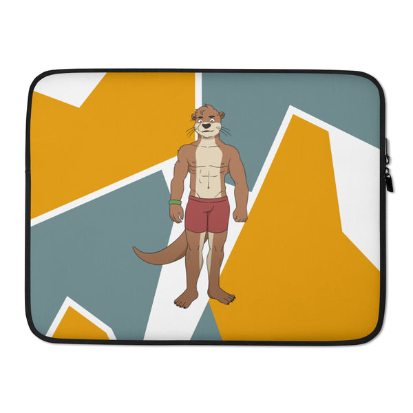 Laptop sleeve with a muscular cartoon otter in red shorts on a geometric mustard and blue background