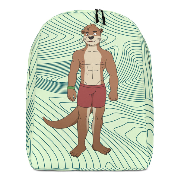Front view of a pale green backpack with a muscular otter illustration and black zipper pulls