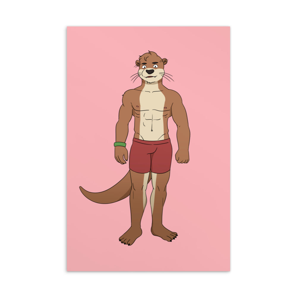 Postcard illustration of a muscular anthropomorphic otter in red shorts against a pink background
