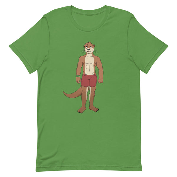 Gay Otter T-shirt featuring a cartoon otter in red shorts hangs on a wooden chair, with a beige tote, black shades, and iced coffee nearby.