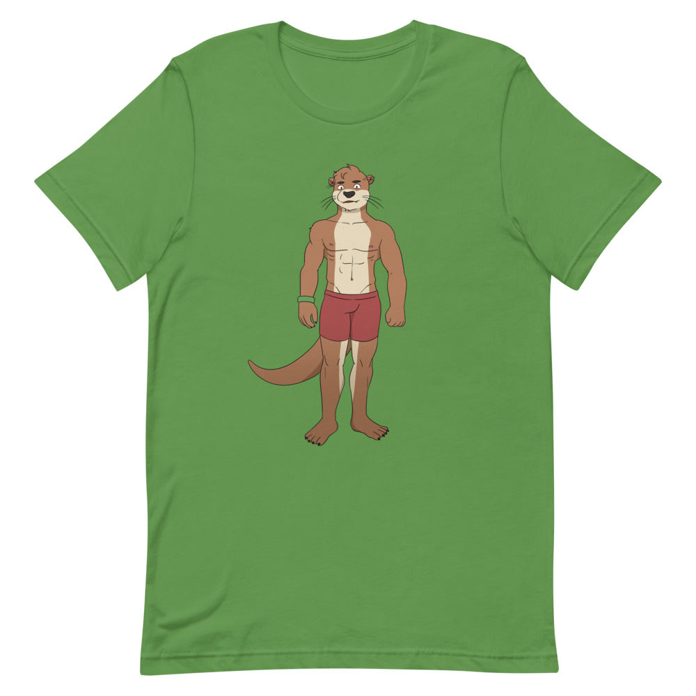 Gay Otter T-shirt featuring a cartoon otter in red shorts hangs on a wooden chair, with a beige tote, black shades, and iced coffee nearby.