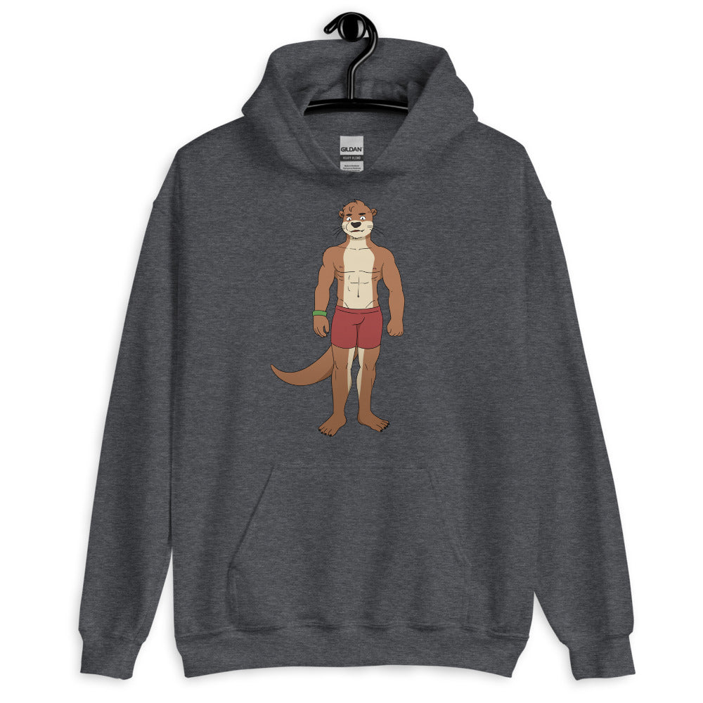 Dark gray hoodie shown front-facing with a cartoon otter in red shorts