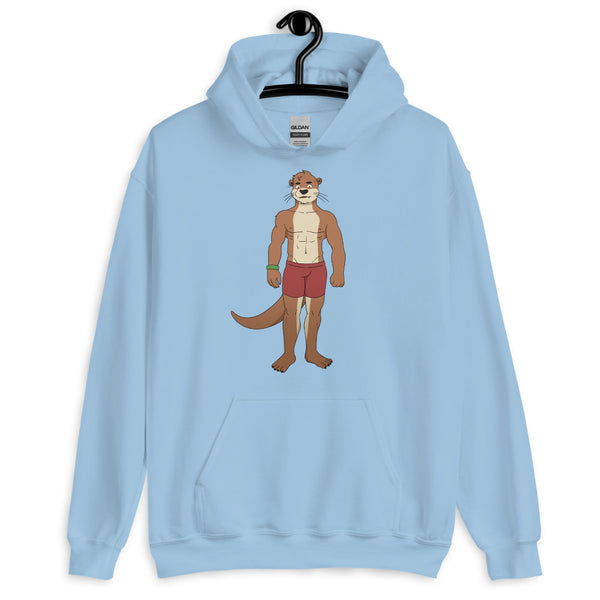 Light blue hoodie with a cartoon otter in red shorts on the front