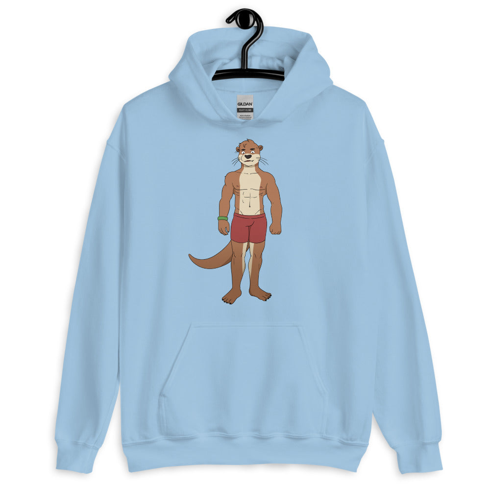Light blue hoodie with a cartoon otter in red shorts on the front