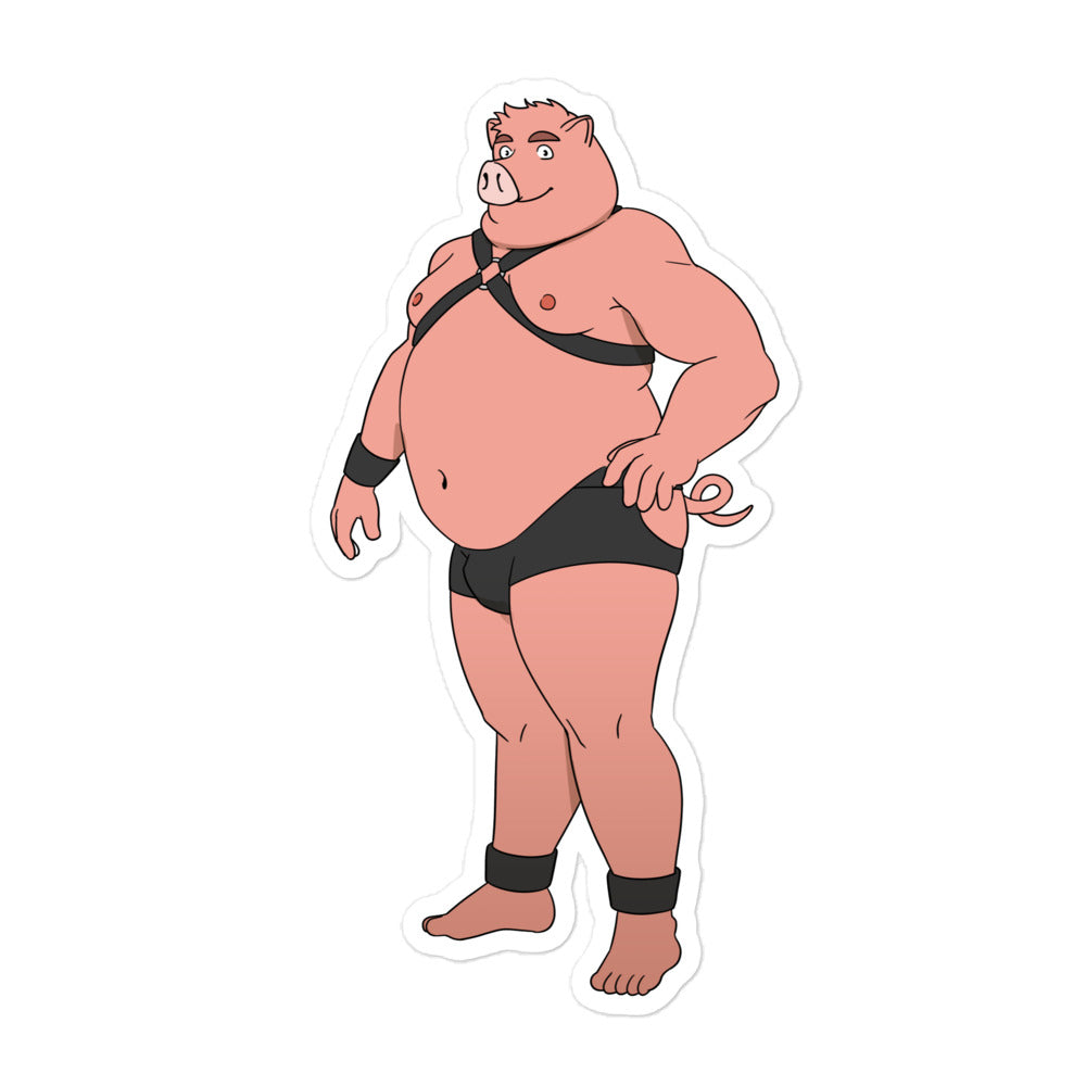 Sticker showing illustrated pink pig in black leather harness and briefs, shown standing in profile
