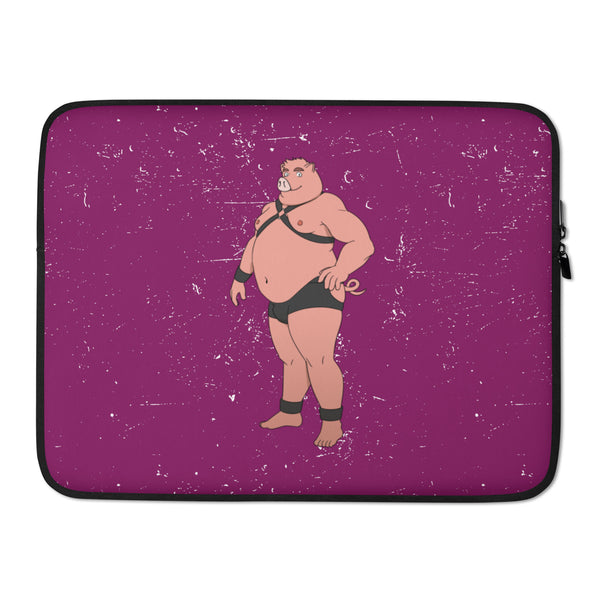 Laptop sleeve with a cartoon pig in black harness and briefs on a magenta speckled background