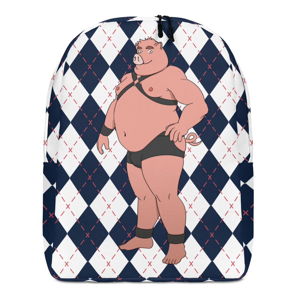 Front view of a backpack with a pink pig in black harness and briefs on an argyle pattern