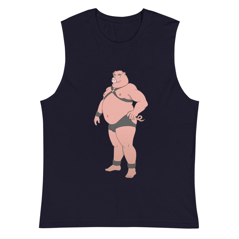 Front view of a navy muscle tank top with a cartoon pig in harness and briefs