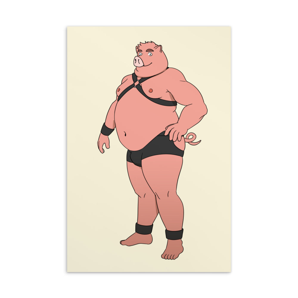 Gay Pig Postcard: plus-size figure in black fetish gear with pig nose, ears, tail on cream card, shown atop rainbow flag table.