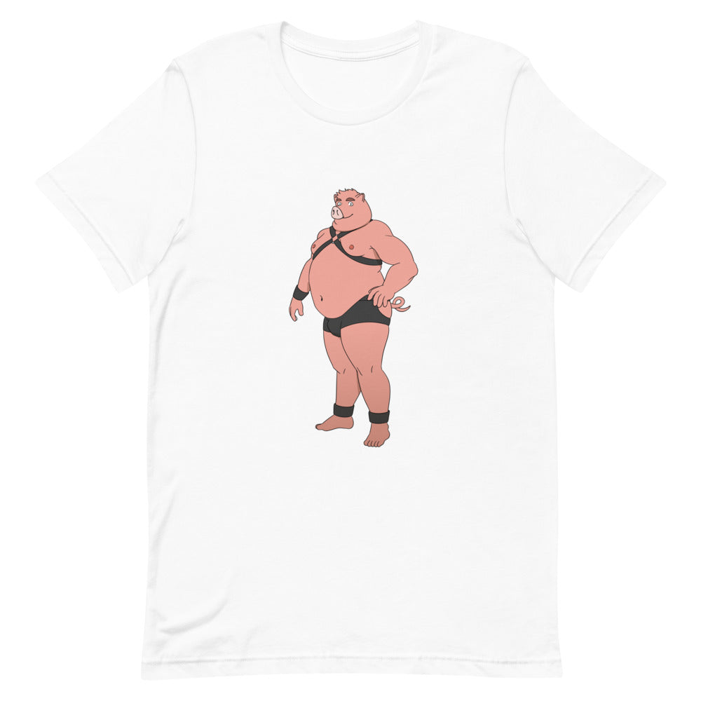 White T-shirt featuring a cartoon pig in black harness gear and briefs