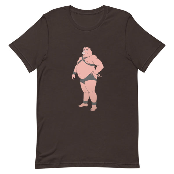 Brown T-shirt with a centered cartoon pig wearing black briefs and harness gear