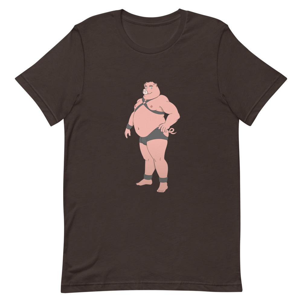Brown T-shirt with a centered cartoon pig wearing black briefs and harness gear