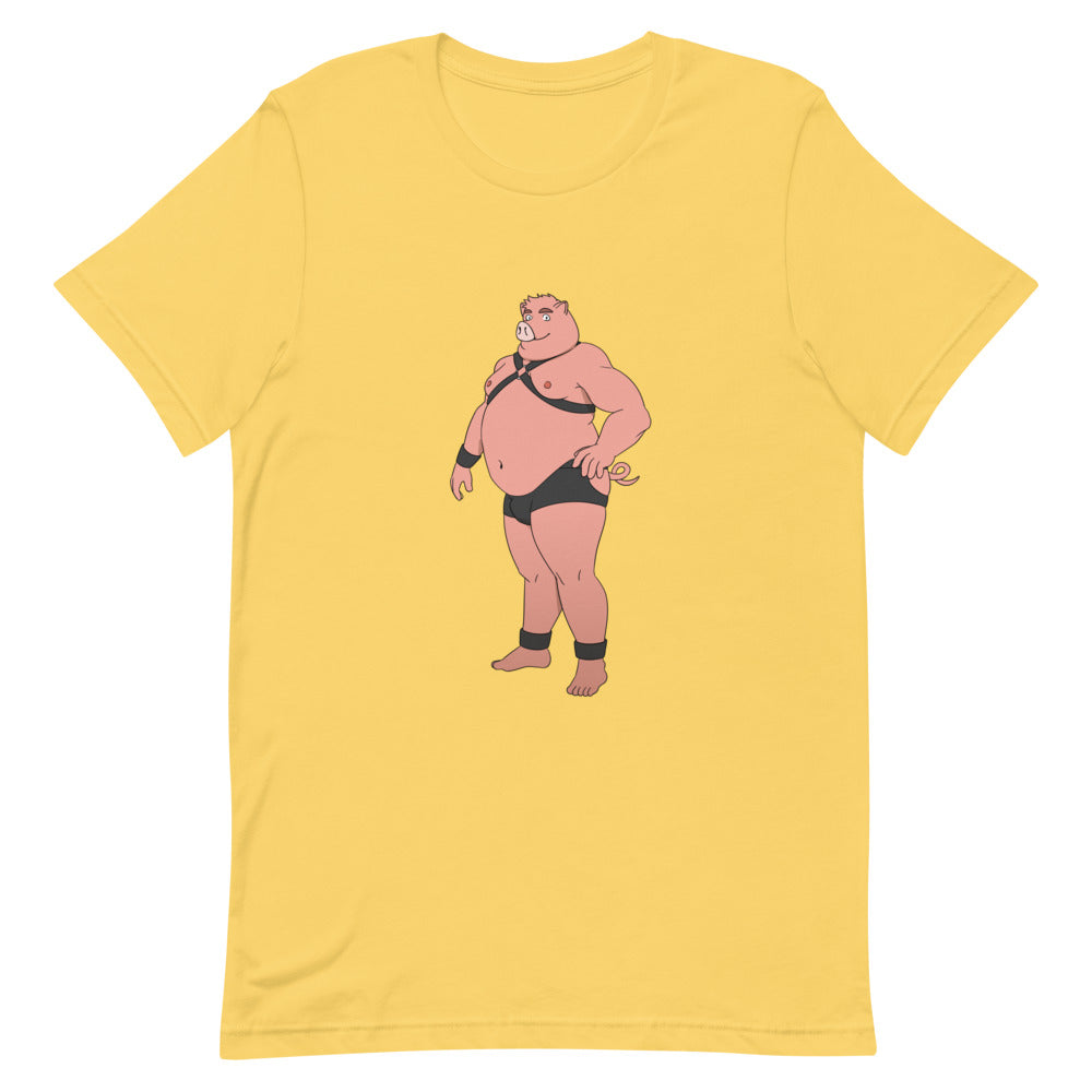 Yellow T-shirt with a centered cartoon pig wearing black leather harness gear and briefs