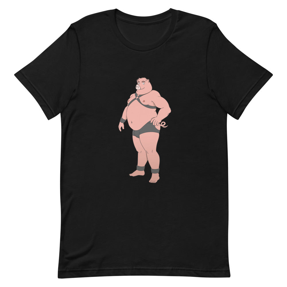 Black T-shirt with a centered pink pig illustration wearing black leather-style gear