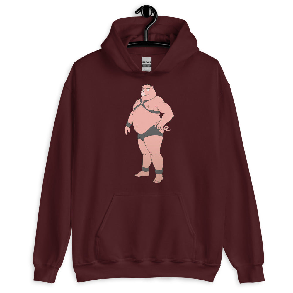 Front view of a maroon hoodie with a cartoon pig in harness and briefs