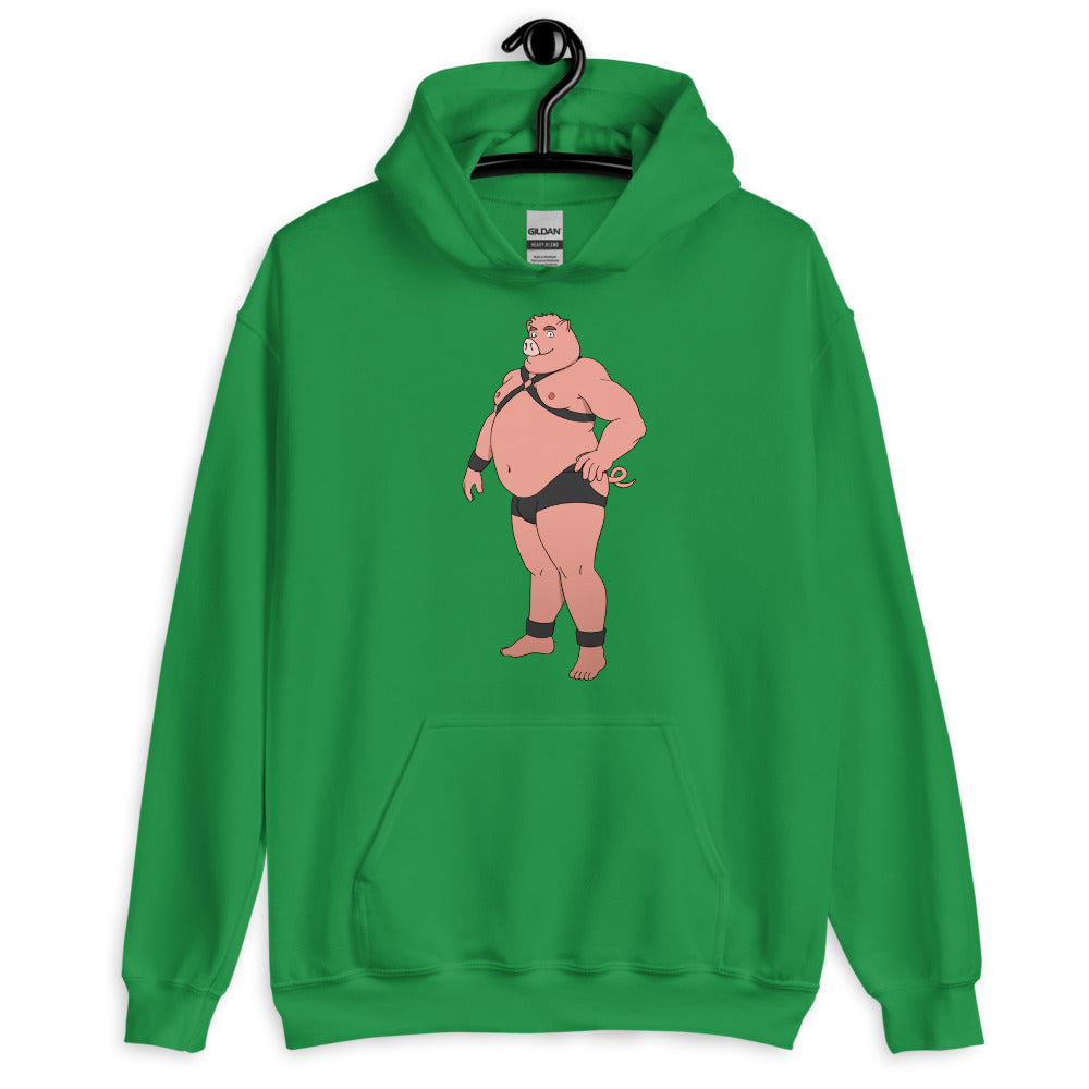 Front view of a green hoodie with a cartoon pig in black harness gear and briefs