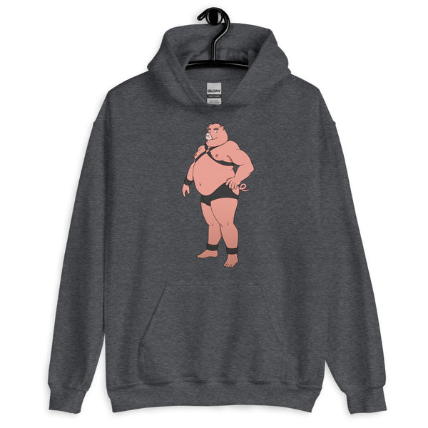 Front-view dark gray hoodie with a cartoon pig in black harness and briefs
