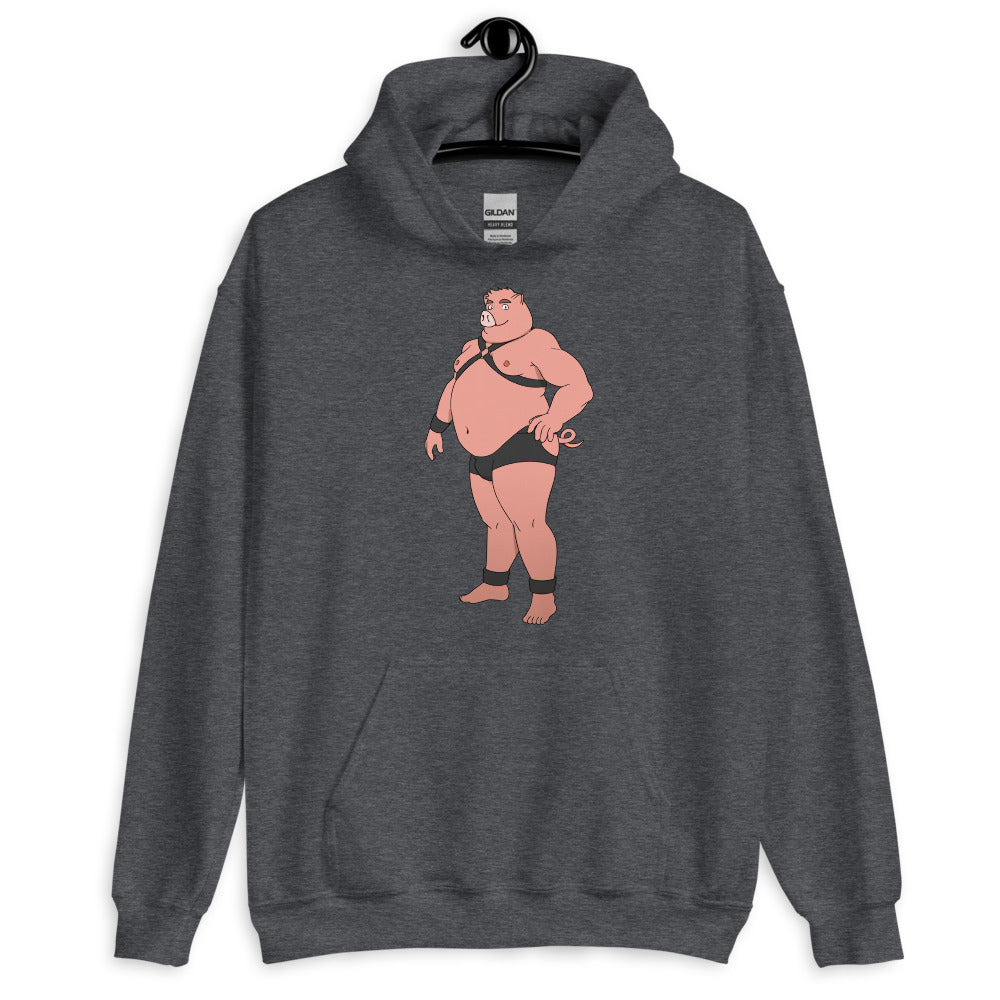 Front-view dark gray hoodie with a cartoon pig in black harness and briefs