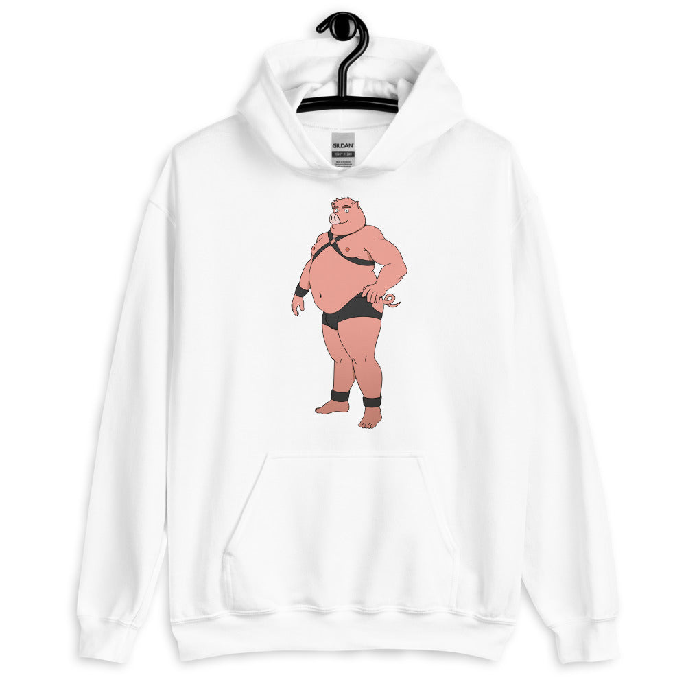 White hoodie on a hanger featuring a cartoon pig in black leather-style gear